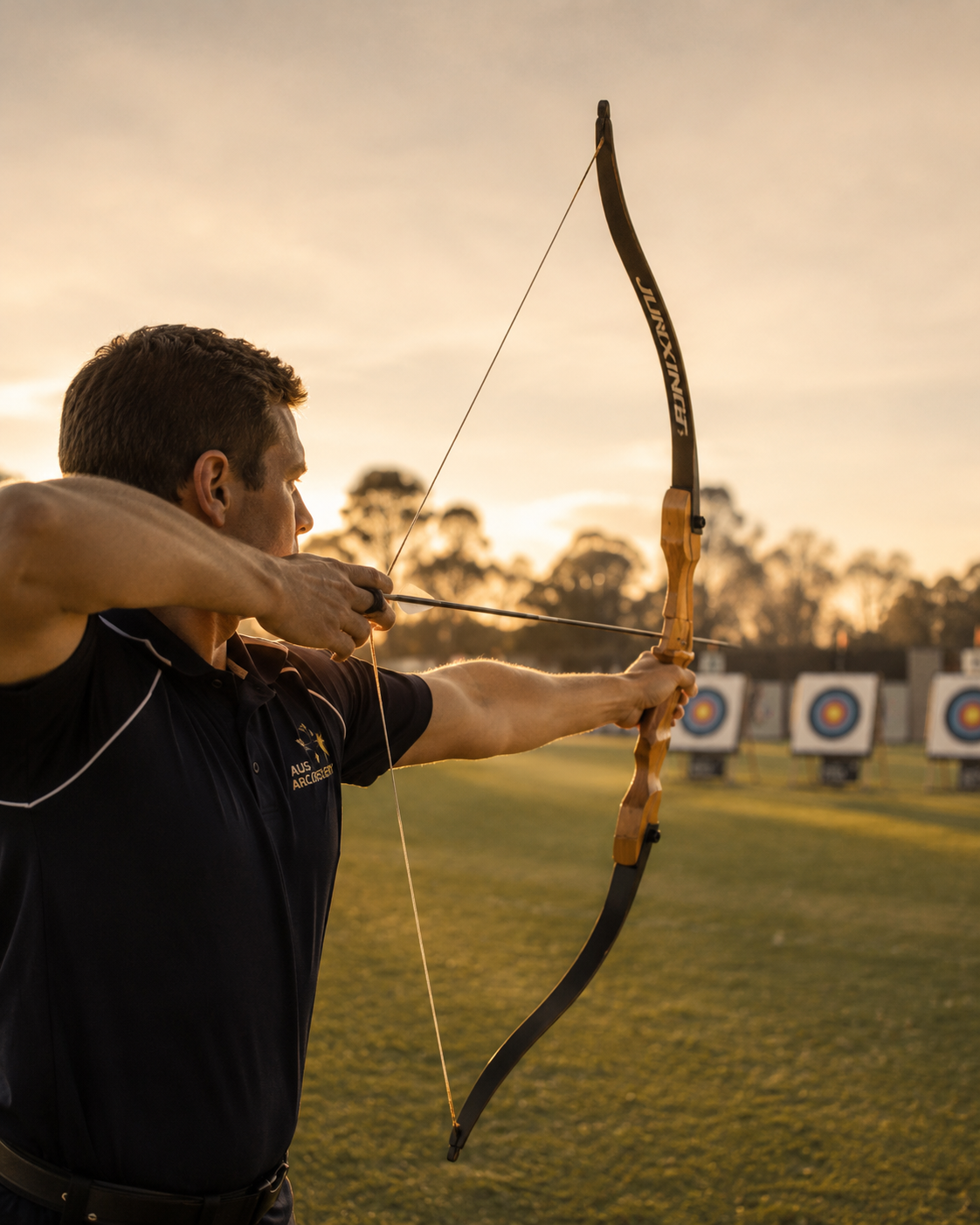 An adult archer at full draw with a recurve bow on an outdoor target range at golden hour